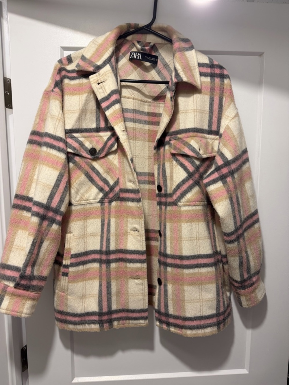 Zara Cream Plaid Teddy Shacket with Pink & Gray Stripes